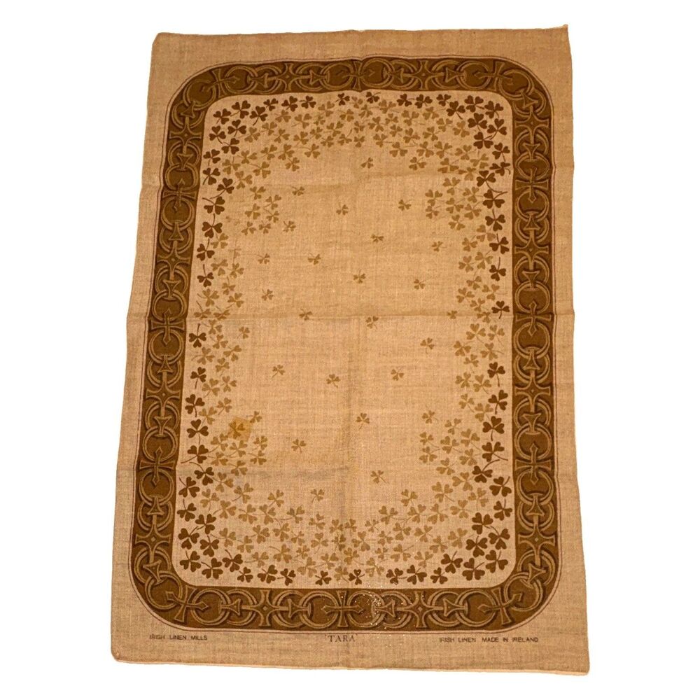 Irish Linen Mills “Tara” Linen Tea Towel Beige/Brown Floral Celtic 30”x19”